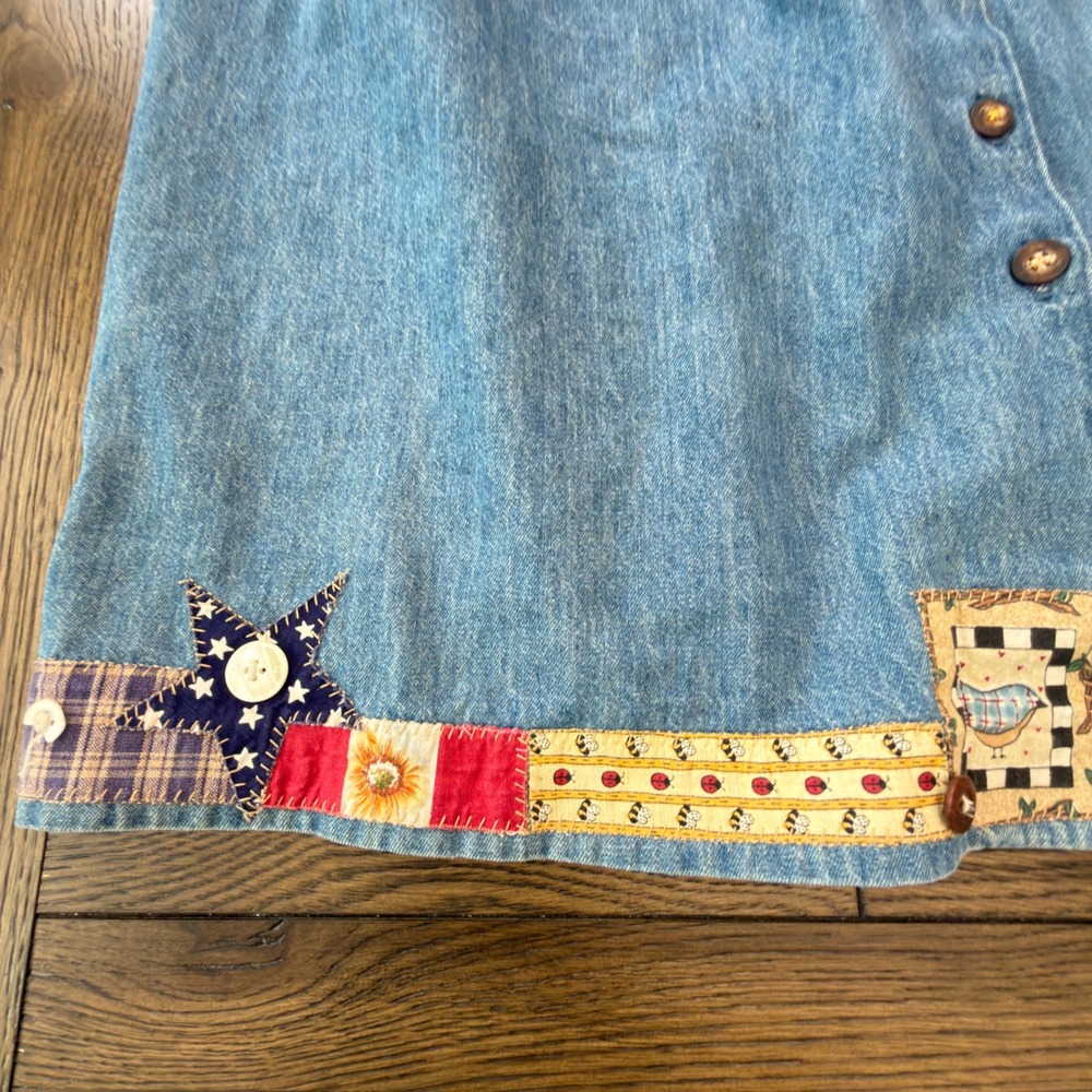 Vintage Patchwork Denim Midi Skirt Button Front Americana Folk Art Made in USA - Picture 4 of 16